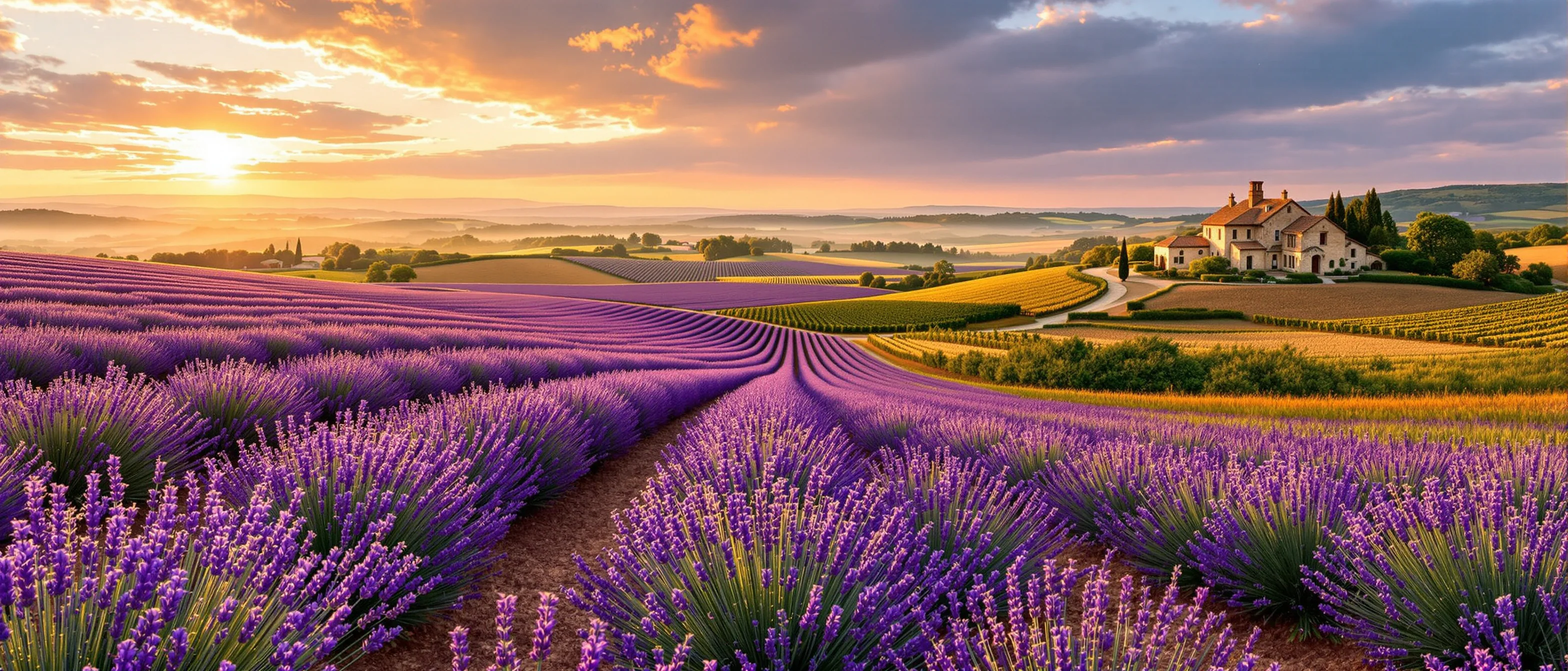 Provence lavender fields at sunset