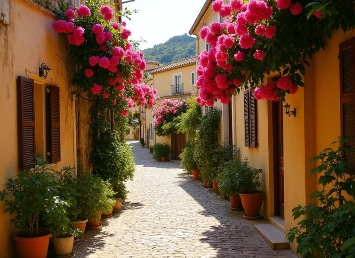 Ruelles du village médiéval d’Èze fleuries de bougainvilliers