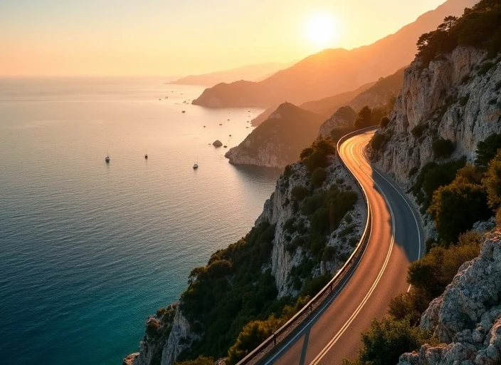 Route panoramique de la Moyenne Corniche au coucher du soleil