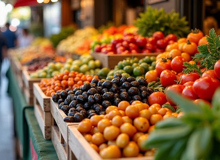 Fresh vegetables and olives at Cours Saleya market in Nice