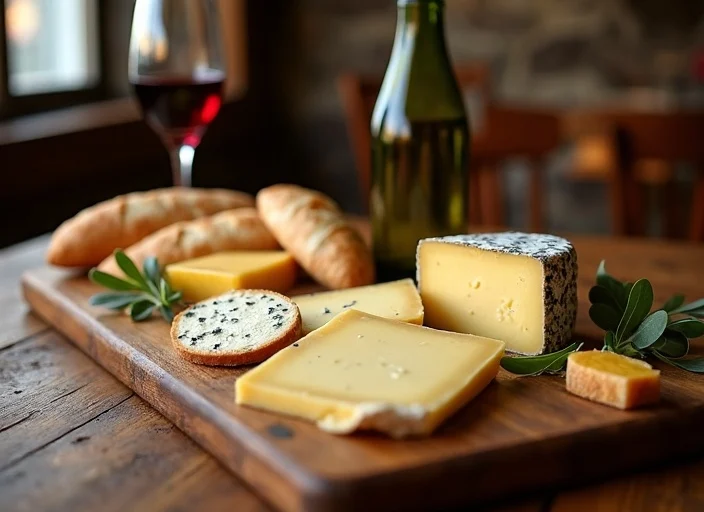 French cheese tasting with wine and fresh bread