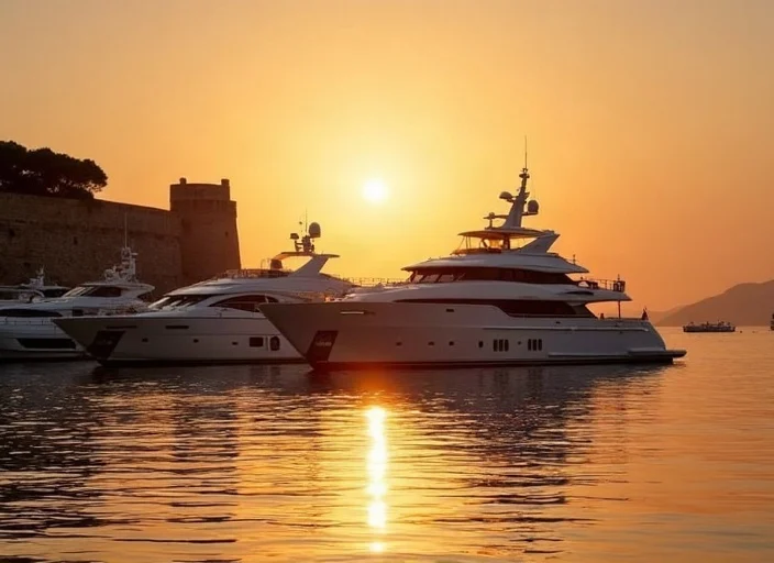 Port Vauban et superyachts au coucher du soleil